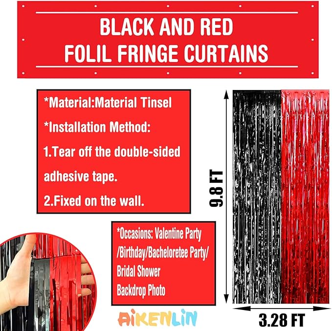 4 Pack 3.2Ft x 9.8Ft Black Red Foil Fringe Curtain Backdrop, Metallic Tinsel Foil Fringe Streamers Curtains for Photo Booth, Wedding, Casino Viva Las Vegas Game Night Birthday Party Decoration