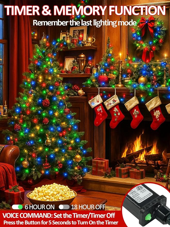 Voice Controlled Smart Christmas Lights Outdoor, 108.8ft 300 LED Twinkle String Light with 7 Voice Commands, 12 Modes & Timer, Dimmable Waterproof Christmas Tree Lights for Party Garden (Multicolor)