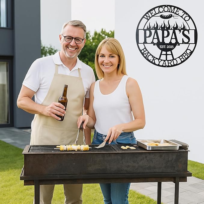 Custom BBQ Grill Metal Sign Personalized Name Wall Art for Outdoor Barbecue Patio Kitchen Backyard Decor Gift for Dad Husband Men Papa Grandpa Father Grilling Enthusiasts Family Lover Funny Gifts 26