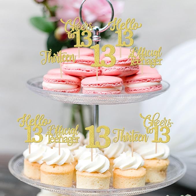 30PCS Happy 13th Birthday Cupcake Toppers Glitter Thirteen Official Teenager Hello 13 Cupcake Picks Cheers to 13 Birthday Decorations for 13th Birthday Anniversary Party Cake Decor Supplies Gold