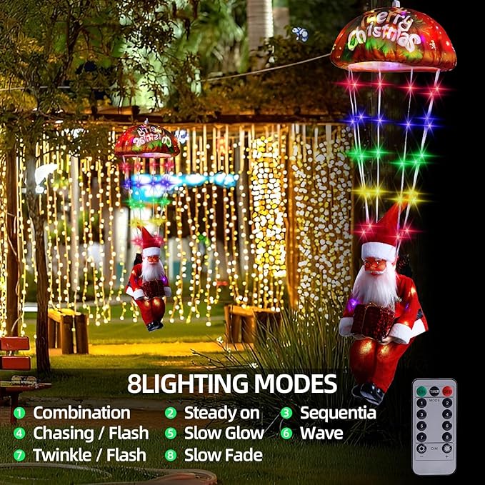 Christmas Decorations Santa Claus Lights,LED Parachute Lights,3AA Battery Box Christmas Decor Window Lights Outdoor, Hanging Xmas Lights, Holiday Indoor Porch Garden Party (Colorful LED)