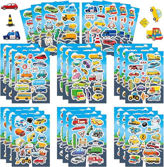 24 Sheets Transportation Car Stickers for Kids, 380+ Pcs Vehicle Stickers Bulk Preschool Sticker Sheets for Reward Craft Scrapbooking Water Bottles Gifts Bags Cards Decor
