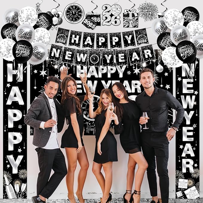 New Years Decorations 2026,Happy New Years Eve Party Supplies Black and Silver Nye Party Decorations With Backdrop Door Banner Hanging Swirls Honeycomb Balloon