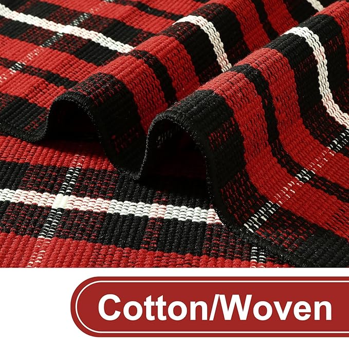 KIMODE Christmas Door Mat Outdoor 35"x59",Red and Black Buffalo Plaid Rug,Washable Cotton Hand-Woven Layered Door Mats,Reversible Outdoor Christmas Decor for Front Porch,Entryway,Kitchen