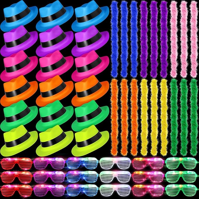54 Pieces Neon Party Supplies Glow in The Dark Parties Supplies 18 Pcs Neon Gangster Party Hats 18 Pcs Light up Glasses with Colorful Feather Boas for Christmas 80's Raves Carnival Hora Loca Parties