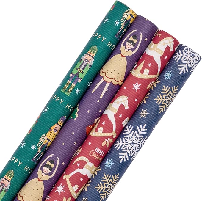 RUSPEPA Christmas Kraft Wrapping Paper Roll - Nussknacker Solider, Trojan Horse, Ballet Girl and Snowflake Design - 17 inches x 10 feet per Roll, Total of 4 Rolls