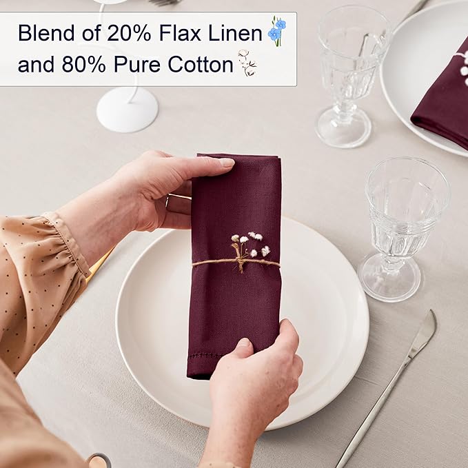 Ruvanti Premium Linen Napkins Set of 6-20x20 Inch, Classic Hemstitch, Mitered Corner Cloth Napkins ‎‎- Soft, Elegant Dinner Napkins Cloth Washable for Weddings, Parties, Everyday Use - Burgundy