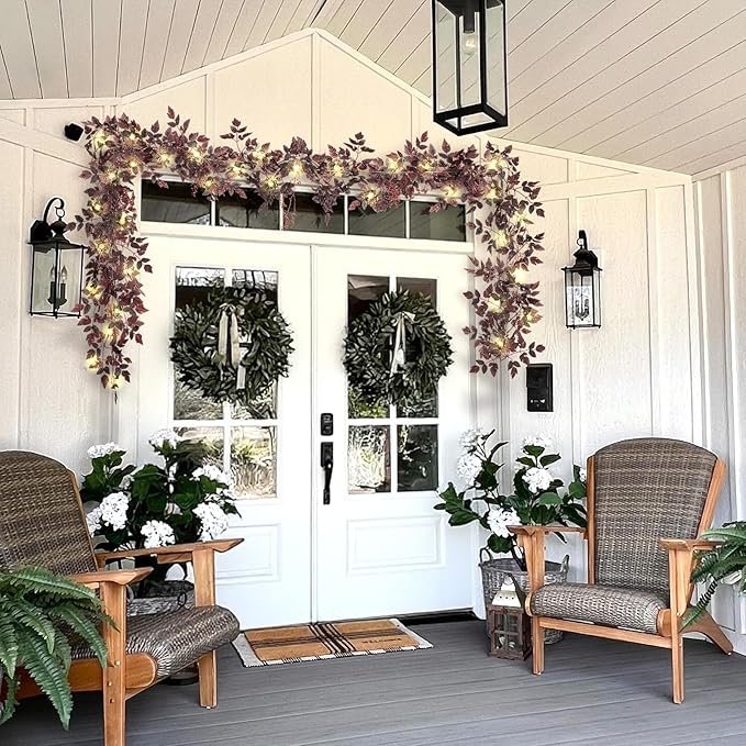 Neutral Fall Garland for Mantle Fireplace - 2 Pack 6Ft Plum Cimicifuga Seeded Leaf Garlands Purple Autumn Decor Table Decorations for Home Indoor Door Halloween Realistic Leaves Garlands Outdoor