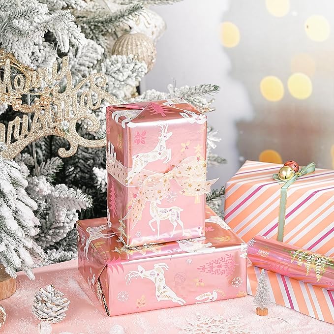 RUSPEPA Christmas Reversible Wrapping Paper Roll for Girls, Mini Roll, Rose Gold Foil Reindeer, Polar Bear, Tree, Floral Design, Pink White Stripes Gift Wrap for Holiday Gifts, 17 Inches x 32.8 Feet
