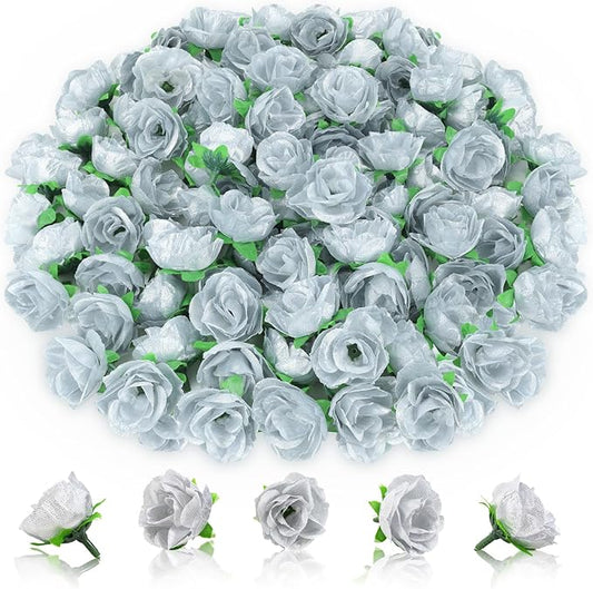 100pcs Silver Rose Flower Artificial Silk Rose Flowers Bulk Fake Silver Rose Flowers Heads for Crafting,Silver Rose Flowers for Centerpieces DIY Decorations
