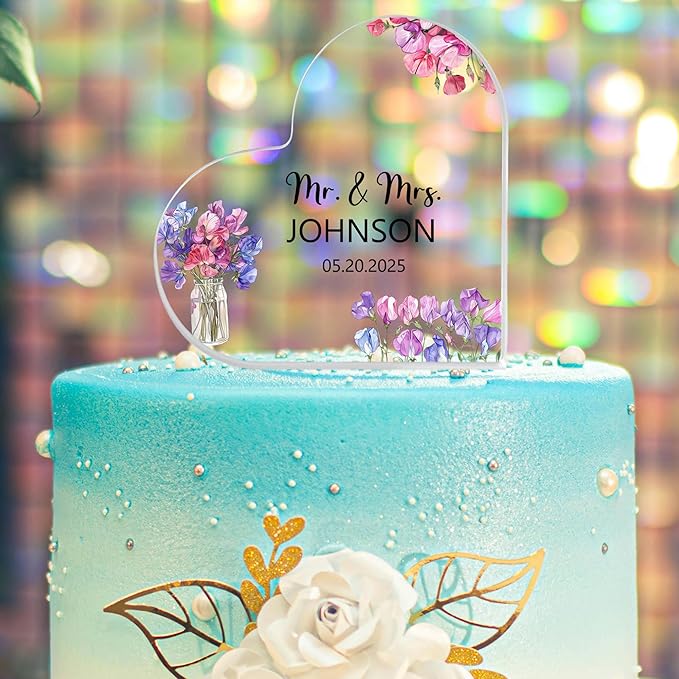 Custom Wedding Heart Acrylic Plaque,Mr & Mrs Cake Topper,Personalized Wedding Keepsake/Gift/Sign (Style 12)