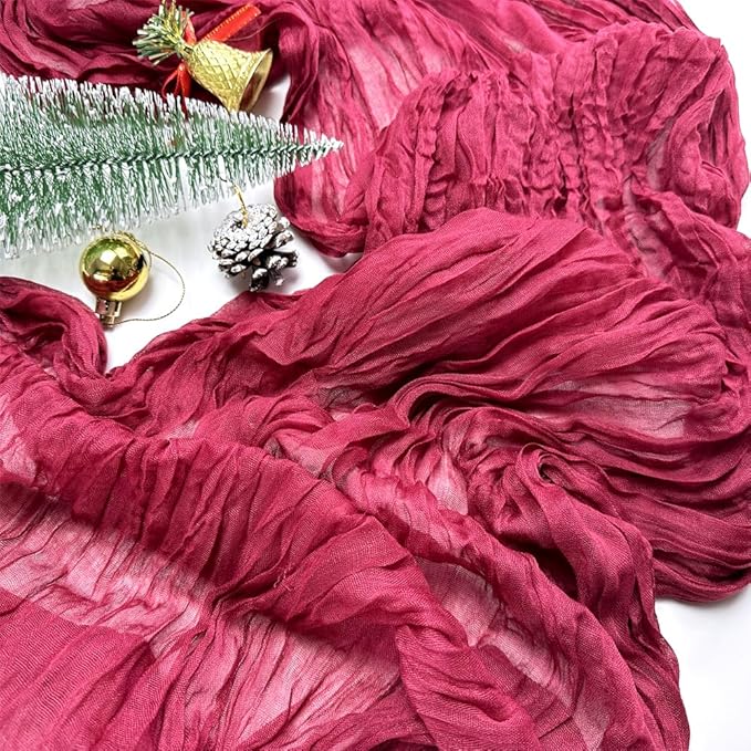 Booque Valley Christmas Table Runner 3 Pack Burgundy Cheesecloth 10ft Soft Boho Wrinkled Decorative Gauze Sheer for Holiday Party Baptism Wedding Centerpiece Table Decor, 35x120 Inch