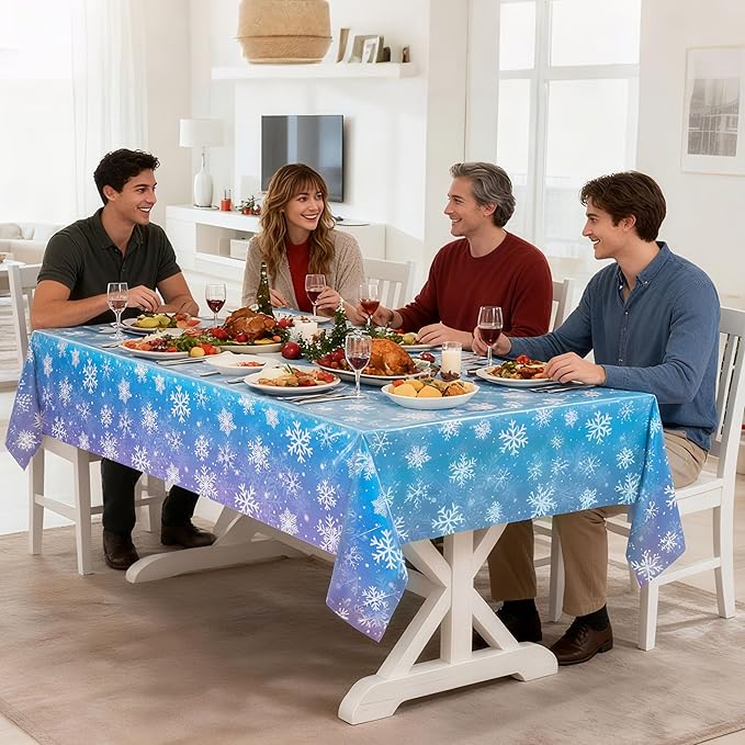 Mornajina 4 Packs 108 x 54 Inch Snowflake Tablecloth Merry Christmas Party Tablecloth Decorations Disposable Rectangle Plastic Snowflake Table Cloth (Blue)