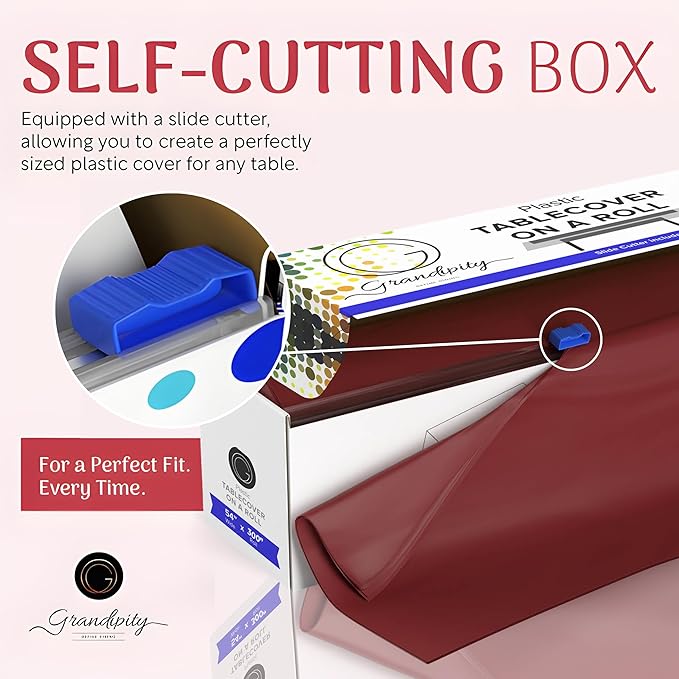 Grandipity Plastic Tablecloth Roll - 54in x 300 Ft. Burgundy Plastic Table Cloths for Parties Disposable with Cutter Box - Cut to Size Disposable Tablecloth Table Cover for Rectangle & Round