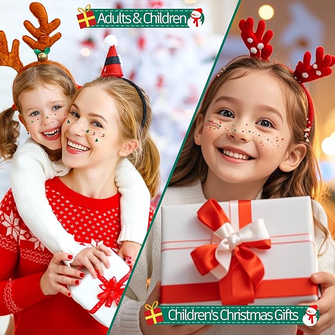 8 Pcs Christmas Face Temporary Tattoos, Ren Green and White Glitter Freckles Face Tattoo for Kids and Women, Waterproof Christmas Accessories Face Makeup for Party Supplies