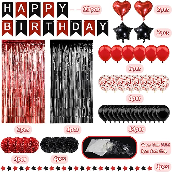 ZERODECO Red Black Birthday Party Decorations, Happy Birthday Banner Pompoms Balloon Arch Fringe Curtain Party Décor for Baby Girls Women Black and Red Party