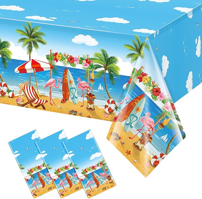 3 Pack Summer Beach Plastic Tablecloth Party Decorations, Disposable Aloha Luau Hawaiian Tablecloth, Flamingo Surfboard Table Cover for Summer Beach Pool Hawaiian Theme Party Decorations, 54 x 108Inch
