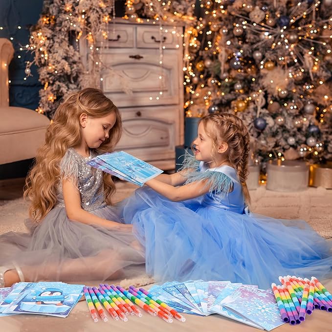 BenLouis 24 Frozen Mini Coloring Books with 24 Stacking Crayons Party Favors Winter Snowflake Themed Activity Book Crafts Bulk for Kids Frozen Birthday Goodie Bag Stuffers Christmas Classroom Supplies