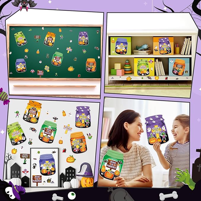 CY2SIDE 12 Set Jesus Cross Stickers, Make A Ghost Jar Sticker Scene with Pumpkin Witch, DIY Halloween Party Games