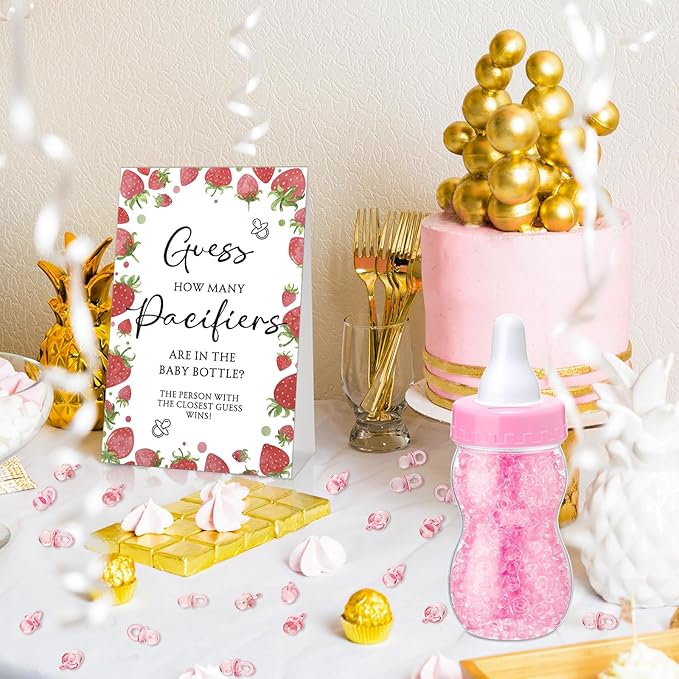 Roowest 512 Pcs Baby Shower Games Guess How Many Pacifiers Sign 100 Small Guessing Games 10 HB Pencils 750ml Milk Bottle 400 Acrylic Pacifiers Decoration for Guest Gender Reveal (Pink,Strawberry)
