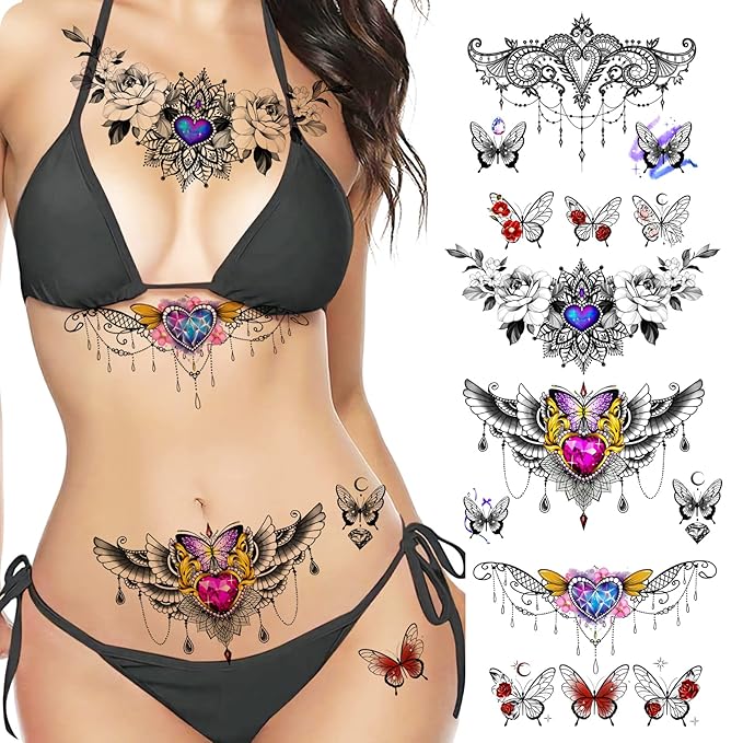 ROARHOWL Women Sexy Temporary Tattoo Sexy Tattoo Set Beautiful Exquisite 3D Realistic Flowers, Butterfly, Abdominate, Chest, Waist and Back Applied Fake Tattoo for Girls ((Design 1))