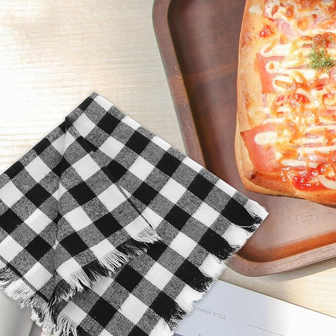 Alipis 4pcs Black and White Check Cotton Napkins with Fringe Soft Washable Reusable Cloth Napkins for Thanksgiving Weddings Fall Parties and Everyday Dining