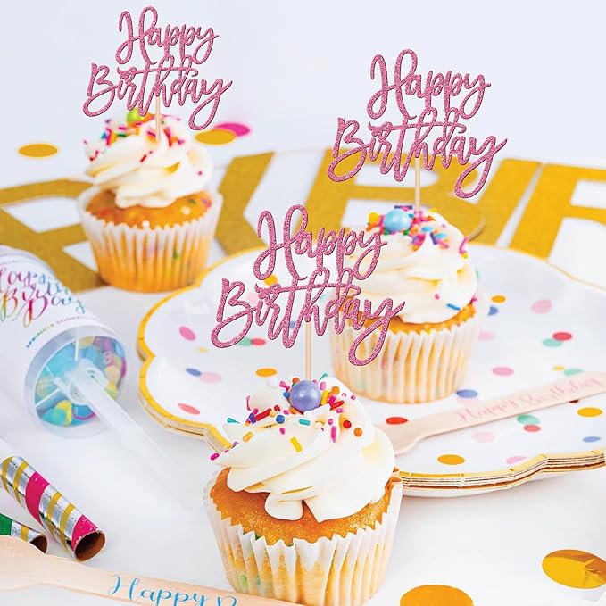 24 PCS Glitter Cupcake Toppers - Happy Birthday & Anniversary Picks - Pink