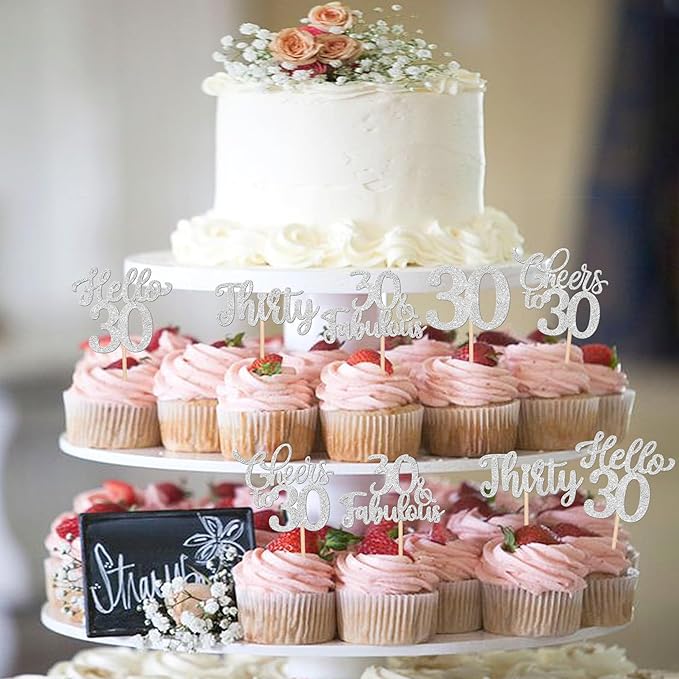 30PCS Happy 30th Birthday Cupcake Toppers Glitter Thirty Cheers to 30 Years Old Birthday Cupcake Picks Hello 30 Fabulous Cake Decorations for Happy 30th Birthday Anniversary Party Supplies Silver