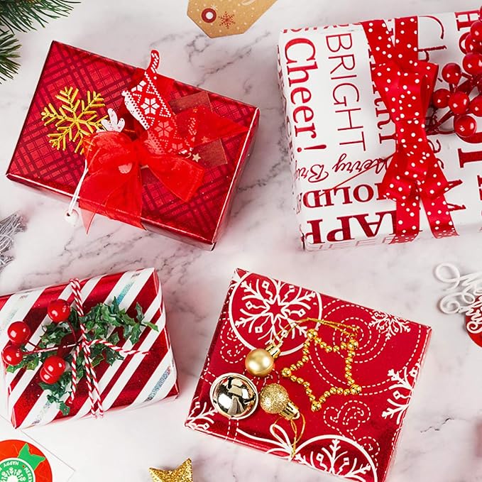 WRAPAHOLIC Christmas Wrapping Paper Set - Red and White Metallic Foil Shine Christmas Wrapping Paper Bundle with Gift Bow & Ribbon & Tag & Sticker
