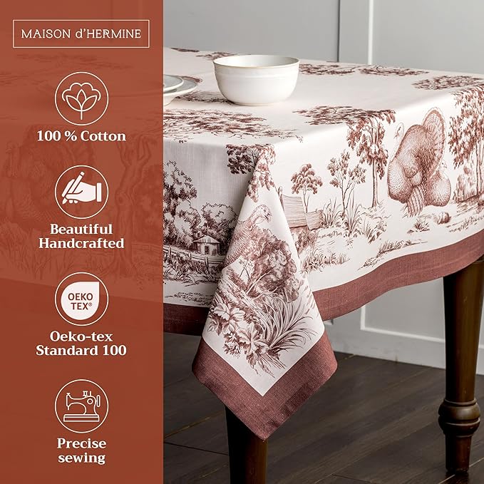 Maison d' Hermine Table Cloth Rectangle Table 100% Cotton 60 x 108 Inches Fall Tablecloth Reusable Everyday Use for Thanksgiving Christmas Decorations Dining Farmhouse Party (Holy Jouy - Brown)