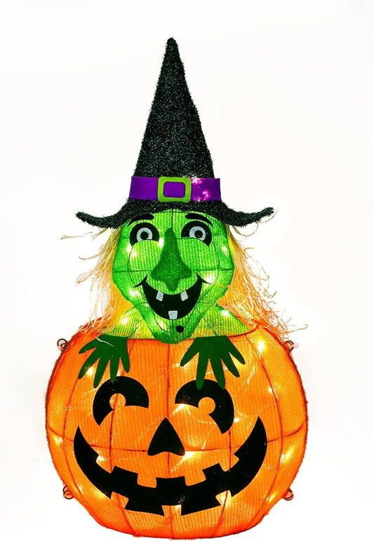 National Tree Company Pre Lit Lighted Sign Decoration, Orange, Pumpkin and Witch, LED Lights, Halloween Collection, 28 Inches