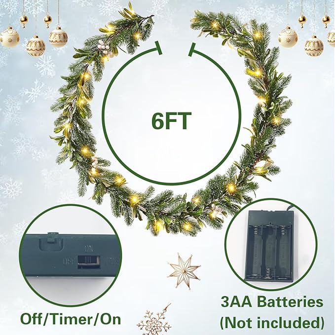 6FT Pre-lit Christmas Pine Garland with Olive Berry,Battery Operated Garlands Xmas with Timer,Faux Greenery Vine for Home Mantle Fireplace Stair Decor