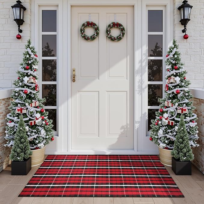KIMODE Christmas Door Mat Outdoor 24"X51",Red/Black Buffalo Plaid Rug,Washable Cotton Hand-Woven Layered Door Mats,Reversible Outdoor Christmas Decor for Front Porch,Entryway,Kitchen