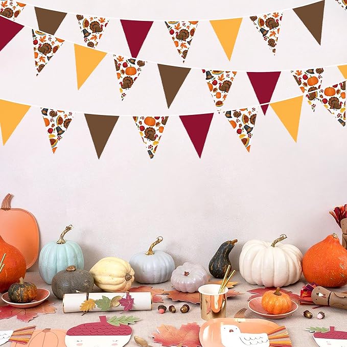32Ft Thanksgiving Party Decorations Burgundy Brown Fall Banner Fabric Triangle Flag Pennant Garland Streamers for Happy Fall Thanksgiving Day Harvest Autumn Birthday Baby Shower Outdoor Garden Decor