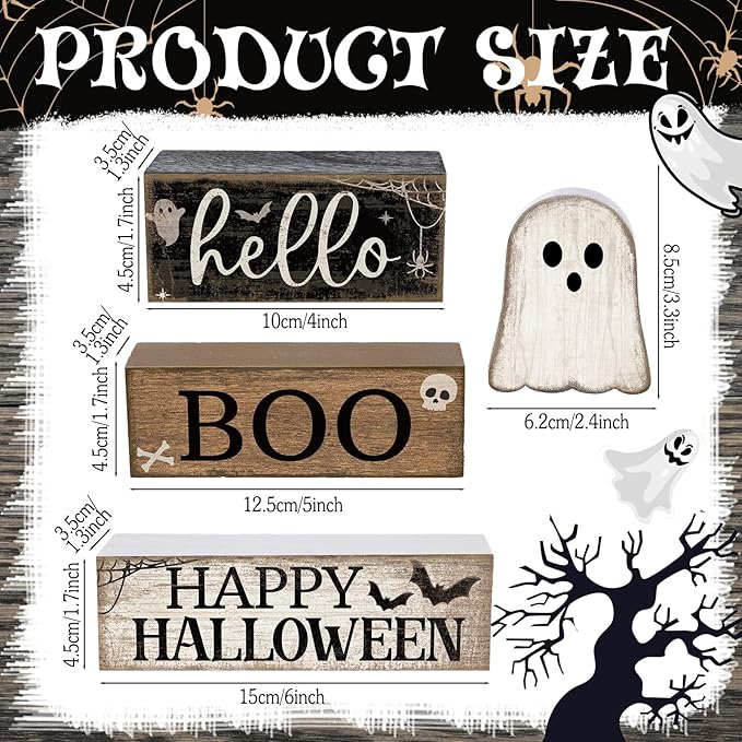4 Pcs Halloween Table Decoration Wooden Ghost Tiered Tray Decor Rustic Wood Surprised Ghost Block Signs Halloween Centerpiece Farmhouse for Home Tabletop Kitchen Shelf and Party Gift