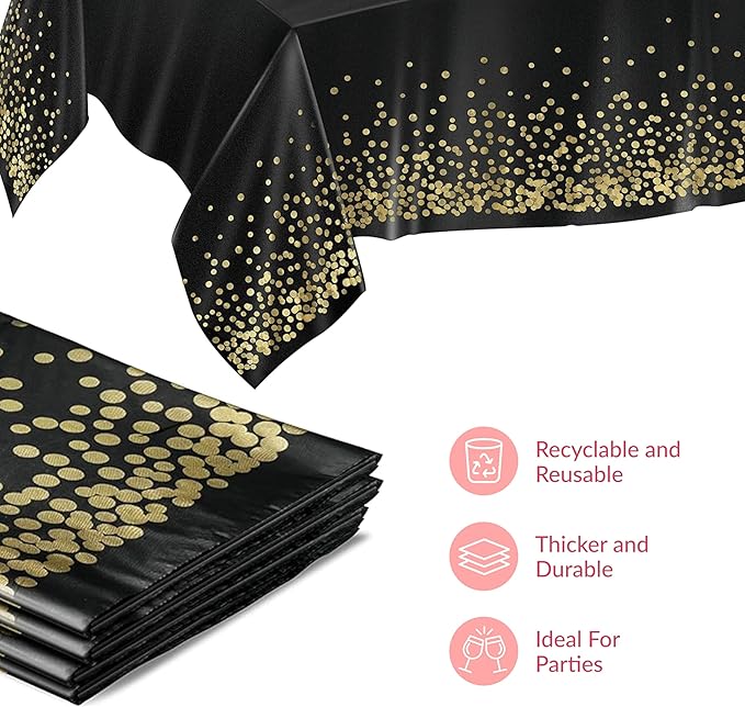 Prestee 4 Pack Gold and Black Table Cloth Rectangle Table Covers 54 x 108 Inches - Plastic Table Cloth Disposable for Parties, Dining and Events - Black Tablecloths for Weddings and Celebrations