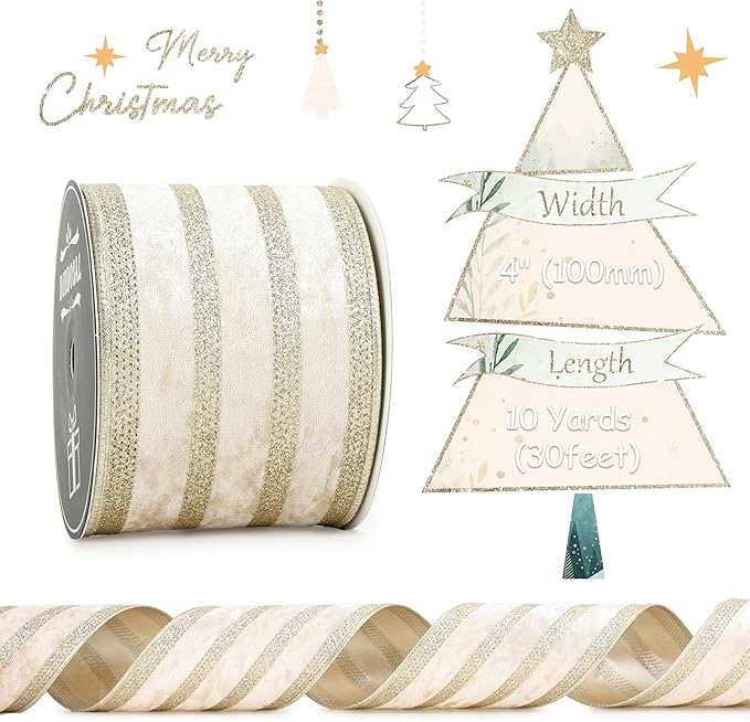 Champagne Velvet Wired Ribbon with Glitter Stripe 4 Inch Extra Wide Crushed Velvet Christmas Ribbon, 10 Yards for Gift Wrapping, Crafts, Tree Decorations, Wreaths, Garlands