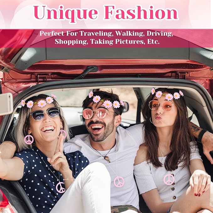 6 Pcs Hippie Costume Accessories Set 60s 70s Dressing Accessory Flower Crown Headband Peace Sign Necklace Earrings Bracelet Colored Hippie Sunglasses Costume Supplies for Christmas Carnival Party