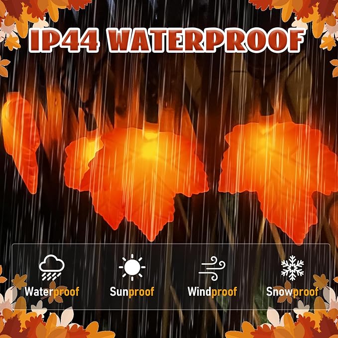 8.5FT Autumn Maple Leaf Lights – 10 LED 3D Orange Leaves, Plug-in String Lights for Fall Decor, Thanksgiving, Halloween, Fireplace & Party Decorations