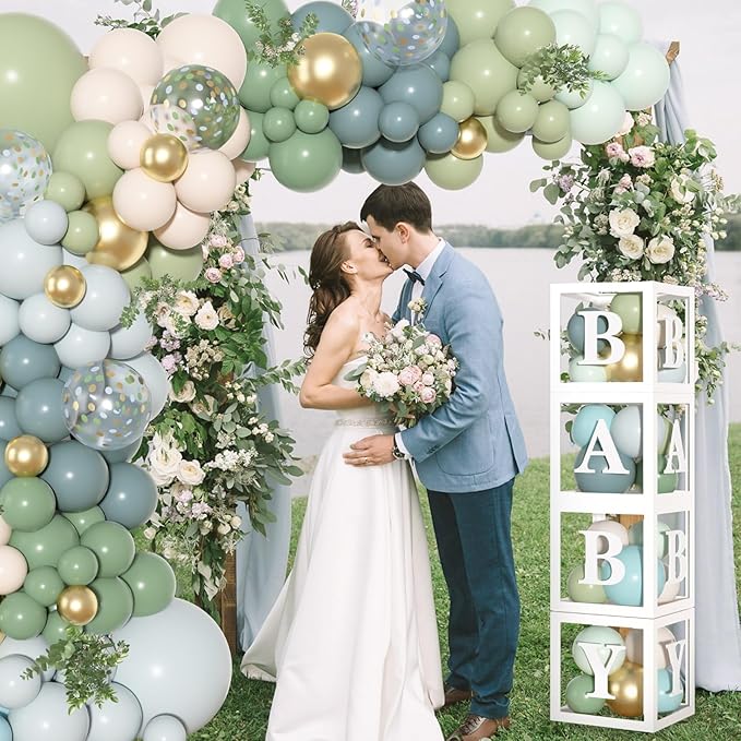 153Pcs Dusty Blue Green Balloons Baby Shower Decorations, Haze Fog Blue Mist Sage Green Balloon Arch Kit Baby Boxes with Letters (A-Z+Baby) for Baby Shower Boho Birthday Gender Reveal Party Supplies