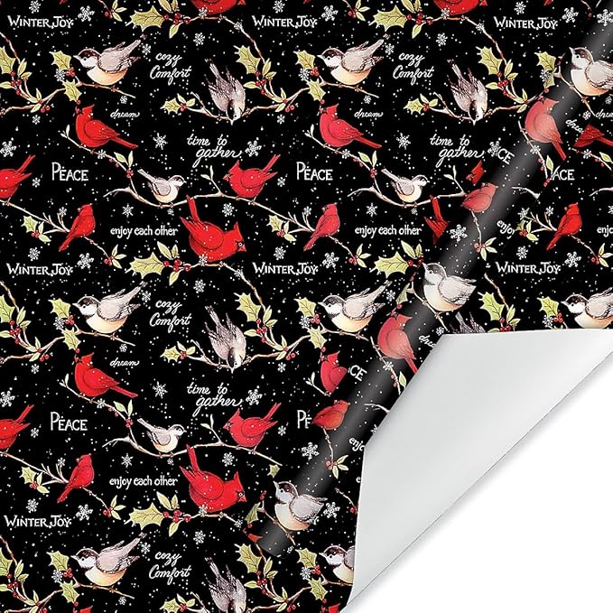 Current Birds on Black Christmas Rolled Wrapping Paper - Premium Jumbo 23-Inch x 32-Foot Gift Wrap Roll, 61 Square Feet Total