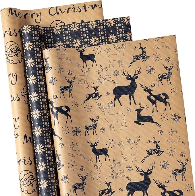 RUSPEPA Christmas Wrapping Paper Rolls - Mini Roll - 17 inches x 10 feet per Roll, Total of 3 Rolls - Reindeer and Snowflake