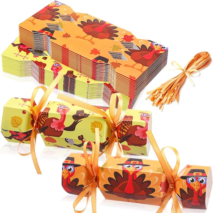 Xinnun 50 Packs Thanksgiving Cracker Kit No Snap Party Table Favors Pumpkin Maple Leaf DIY Thanksgiving Party Cracker Candy Boxes for Holiday Dinner Decoration Gift(Turkey)