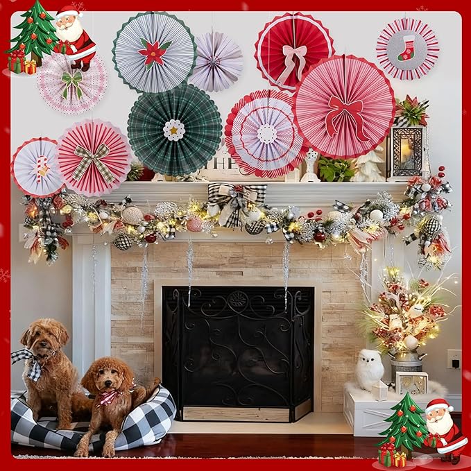 Christmas Paper Fans, 11 Pcs Hanging Xmas Paper Decorations, Hanging Xmas Decorations in Green, Red and White Holiday Party Decorations