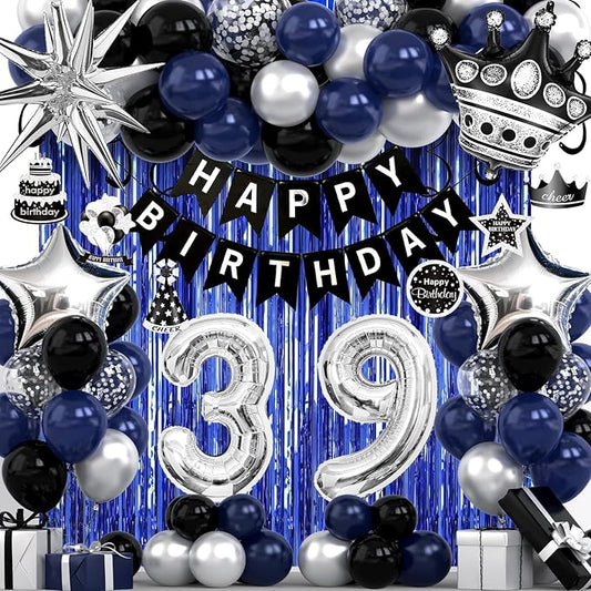 39th Birthday Decorations for Men and Women, Black Blue Silver Happy Birthday Number 39 Balloons, Banner, Fringe Curtains Garland Kit - 39 Year Old Party Supplies