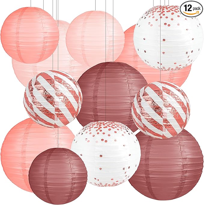 12PCS Rose Gold Back to School Vintage Floral Wedding Hanging Paper Lanterns Decorations Rose Gold Birthday Decorations Bachelorette Bridal Showers Mothers Day Party Supplies
