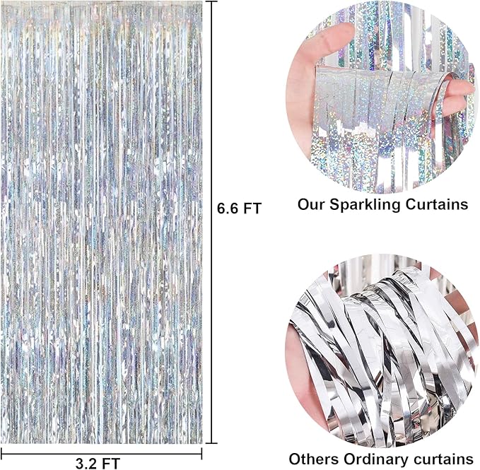 2 Packs 3.2ft x 6.6ft Silver Multicolor Tinsel Foil Fringe Curtains Photo Booth Props for Engagement Bridal Shower Bachelorette Baby Shower Bachelorette Holiday Celebration Party Decorations
