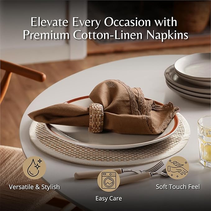 Ramanta Home Linen Flax Cloth Napkins Set of 4 |18x18 Inch | Premium Cotton Linen Flax Lace Soft & Durable | Washable Ideal for Everyday Use Parties Thanksgiving Christmas Halloween Brown