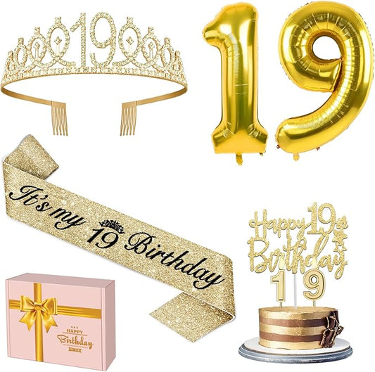 19th Birthday Decorations for Girls Gold with 19th Birthday Tiara and Sash, Cake Topper and Candles, Number Balloons, 19 Year Old Gifts for Girls