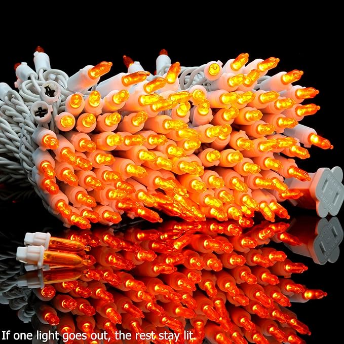 YULETIME 200 Orange LED Christmas Lights with White Wire, Pack of 2 Strands 33 Feet 100 Lights UL Certified Holiday String Light Set